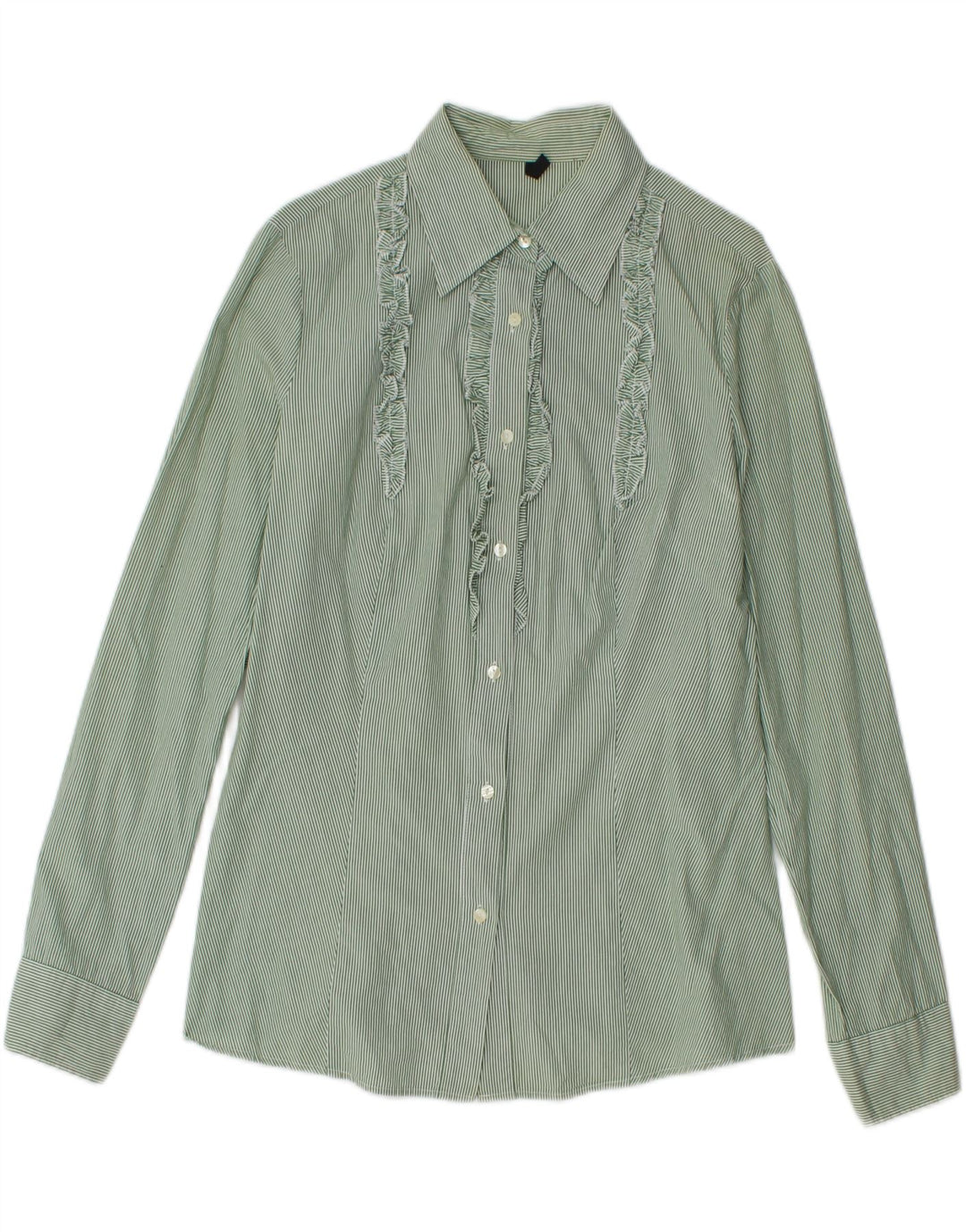 BENETTON Womens Ruffle Front Shirt UK 12 Medium Green Pinstripe Vintage Benetton and Second-Hand Benetton from Messina Hembry 