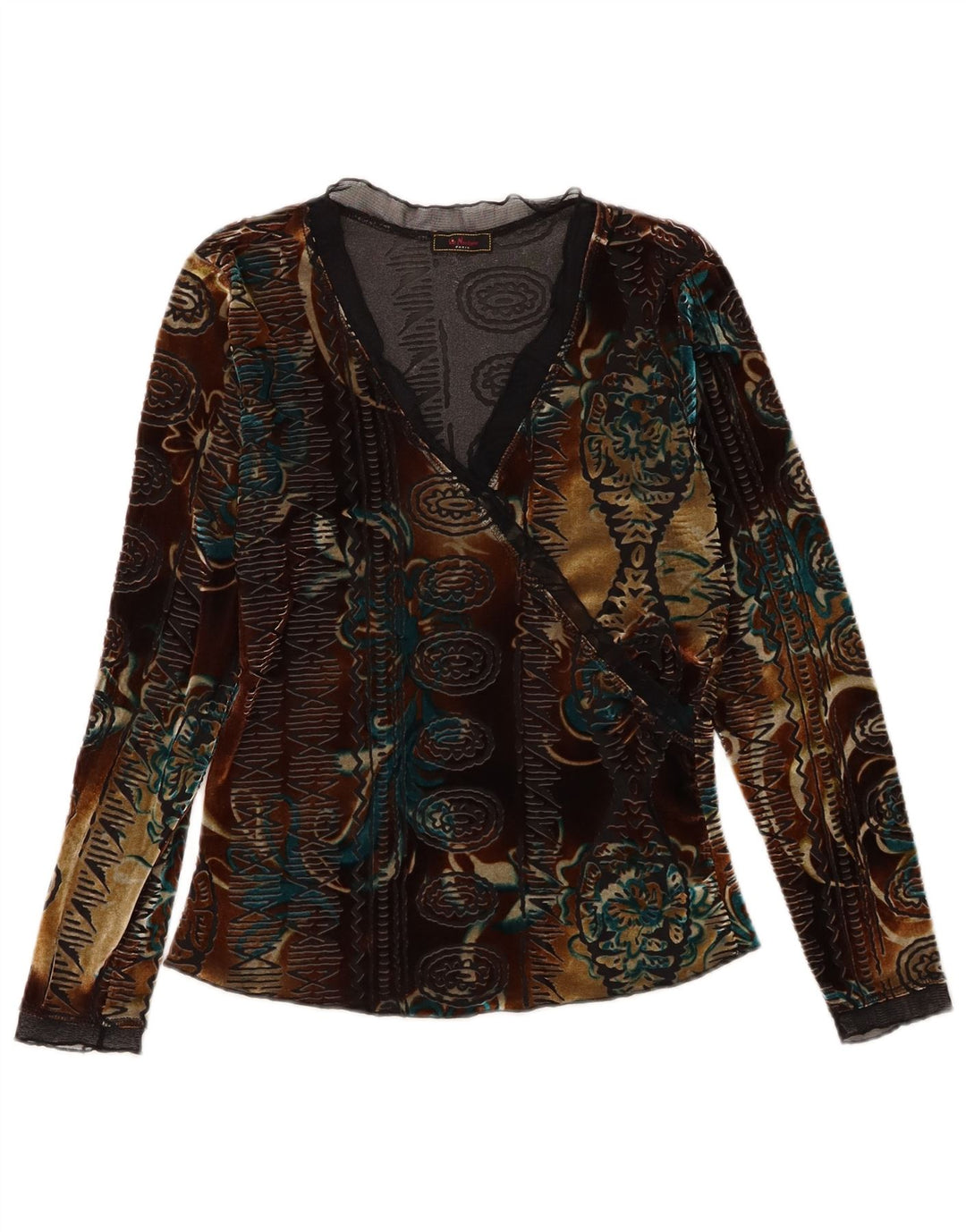 Vintage γυναικείο βελούδινο τοπ μακρυμάνικο UK 6 XS πολύχρωμο φλοράλ