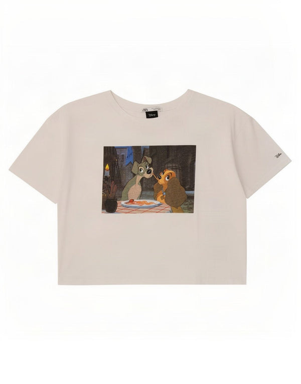 Zara Γυναικείο γραφικό T-Shirt Top UK 16 Large λευκό βαμβακερό