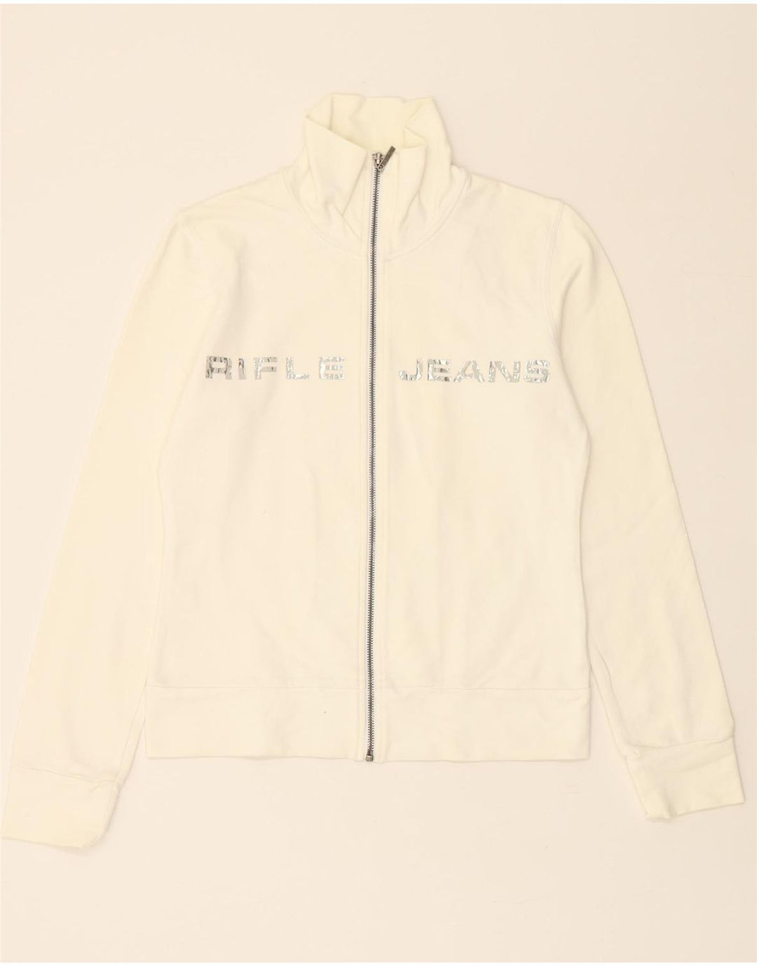 RIFLE Womens Graphic Tracksuit Top Jacket UK 12 Medium White Cotton Vintage Rifle and Second-Hand Rifle from Messina Hembry 