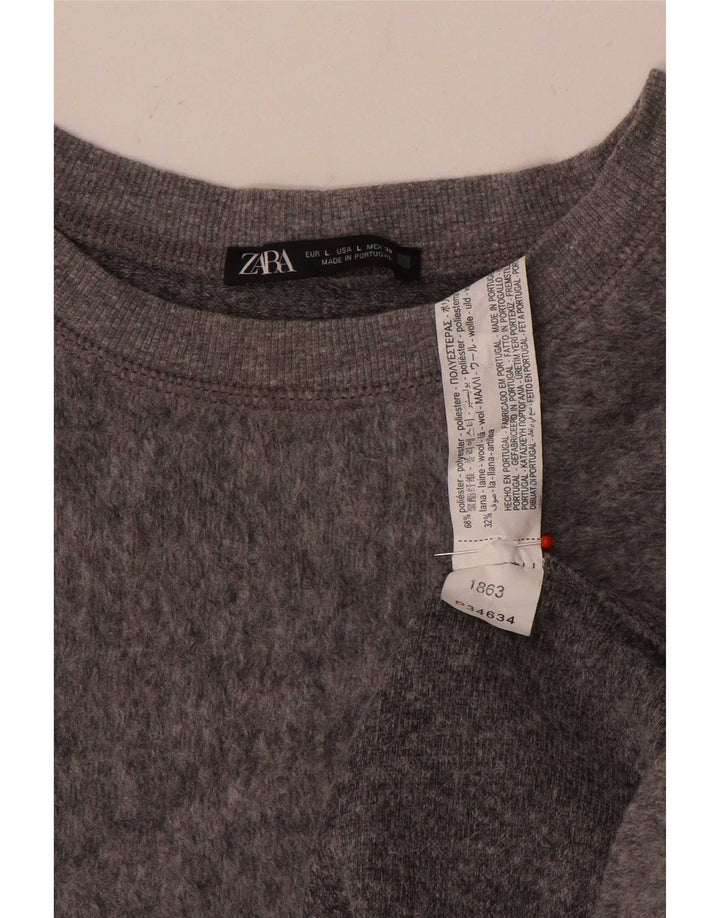 Zara γυναικείο πουλόβερ υπερμεγέθους σκακιέρας με λαιμόκοψη UK 16 Large Grey Polyester