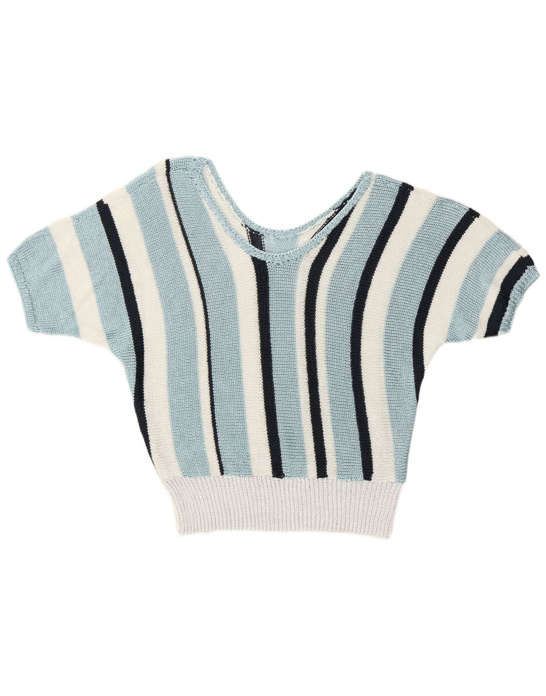 Vintage γυναικείο πουλόβερ με V λαιμόκοψη UK 12 μεσαίου μπλε ριγέ ρετρό