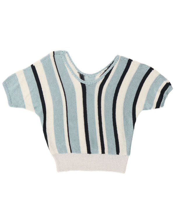 Vintage γυναικείο πουλόβερ με V λαιμόκοψη UK 12 μεσαίου μπλε ριγέ ρετρό