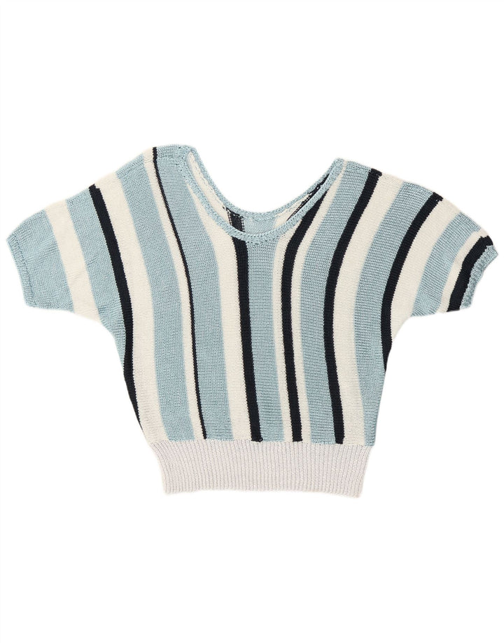 Vintage γυναικείο πουλόβερ με V λαιμόκοψη UK 12 μεσαίου μπλε ριγέ ρετρό