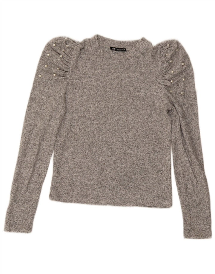 Zara Γυναικείο Crop Top Μακρυμάνικο UK 10 Small Grey