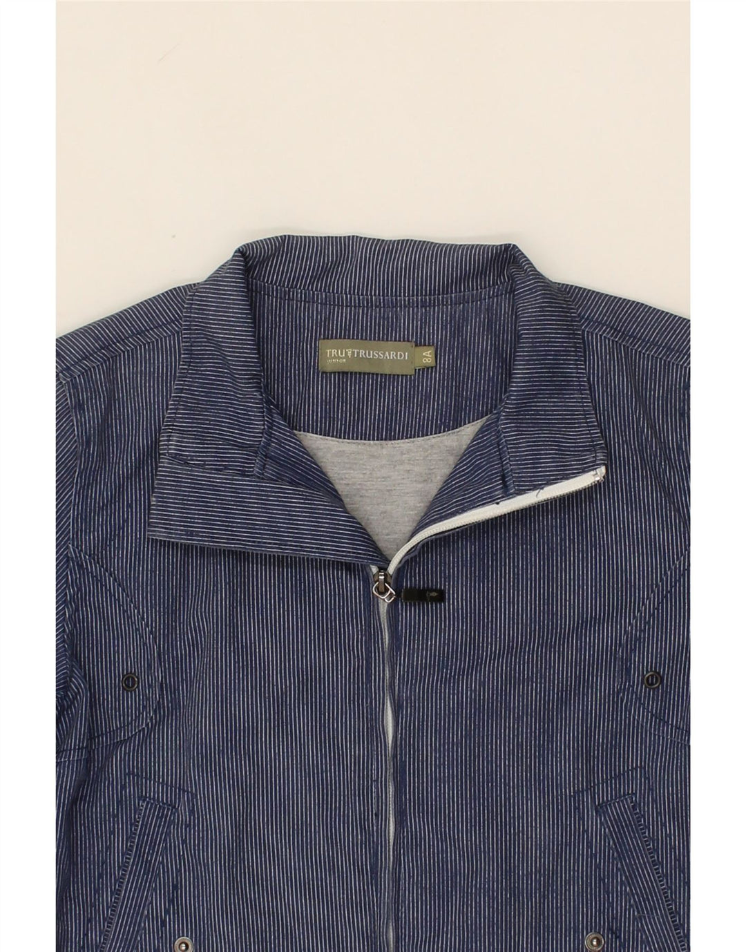 TRUSSARDI JUNIOR Boys Graphic Bomber Jacket 7-8 Years Navy Blue Striped Vintage Trussardi Junior and Second-Hand Trussardi Junior from Messina Hembry 