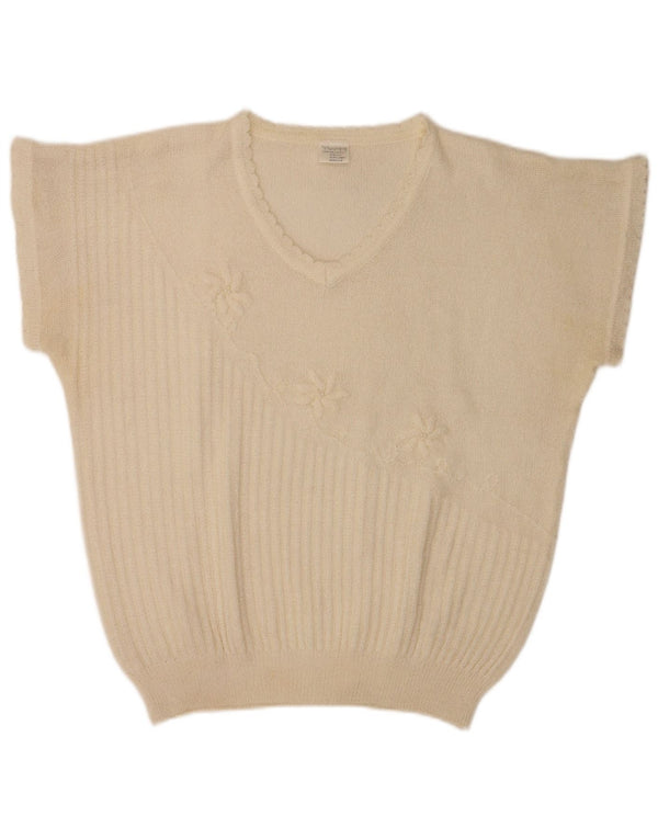 Vintage γυναικεία κοντομάνικη μπλούζα τοπ UK 20 2XL Λευκό φλοράλ πολυακρυλικό