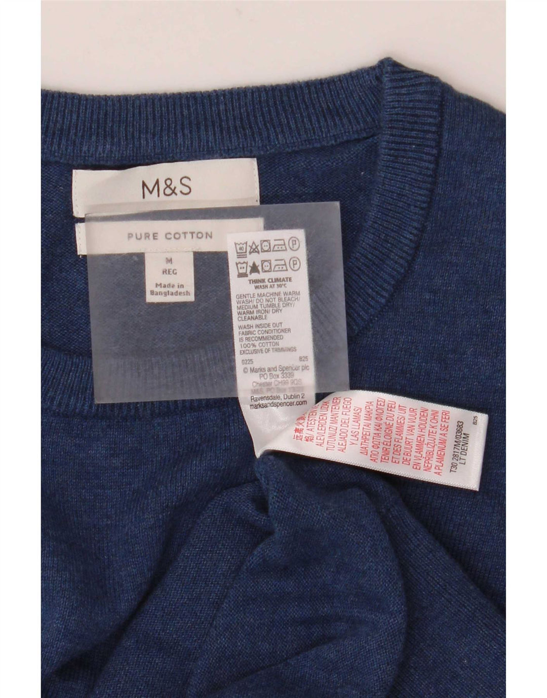 Marks & Spencer Ανδρικό πουλόβερ με λαιμόκοψη μεσαίου μπλε βαμβακερό