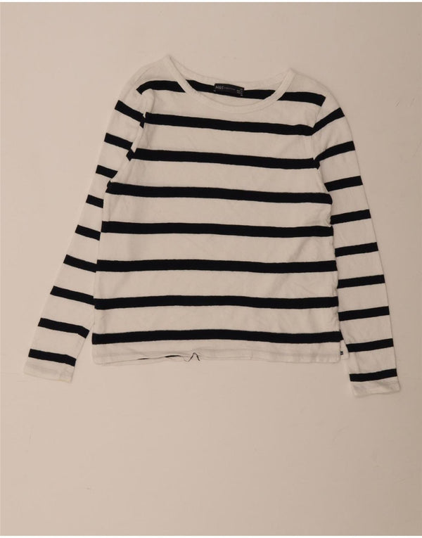 Marks & Spencer Womens Top Long Sleeve UK 10 Small White Striped Cotton