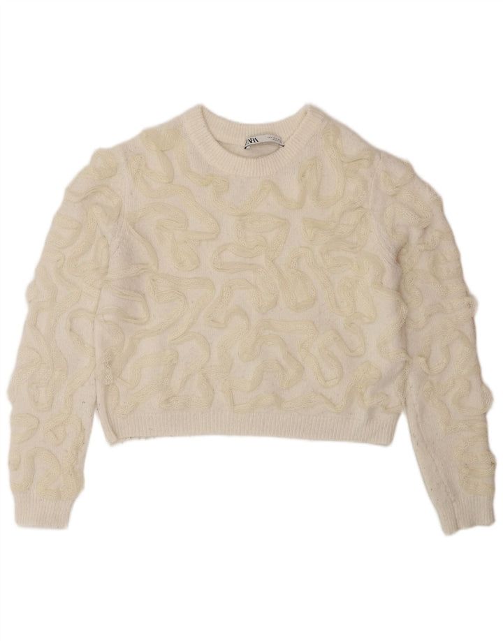 Zara Γυναικείο Abstract Pattern πουλόβερ με λαιμόκοψη UK 10 Small Off White