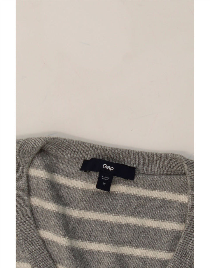 GAP Mens V-Neck Jumper Sweater Medium Grey Striped Cotton Vintage Gap and Second-Hand Gap from Messina Hembry 