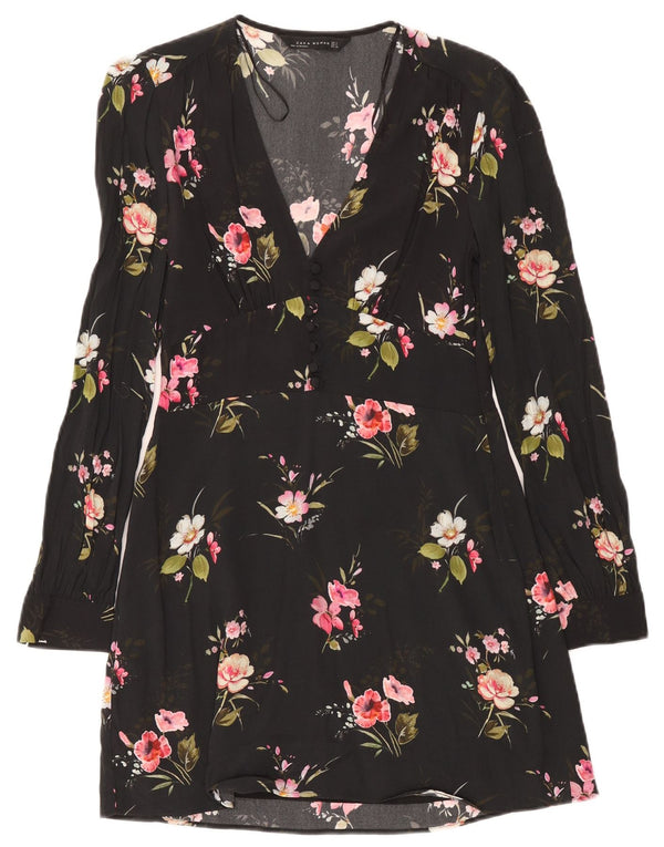 Zara Γυναικείο μακρυμάνικο φόρεμα A-Line UK 10 Small Black Floral