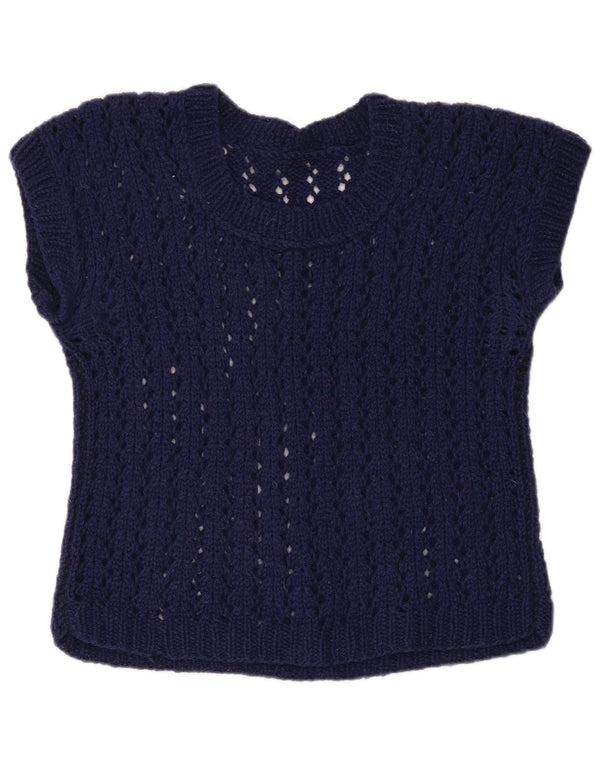 VINTAGE Γυναικείο Crop Boat Neck Jumper πουλόβερ UK 12 Medium Navy Blue