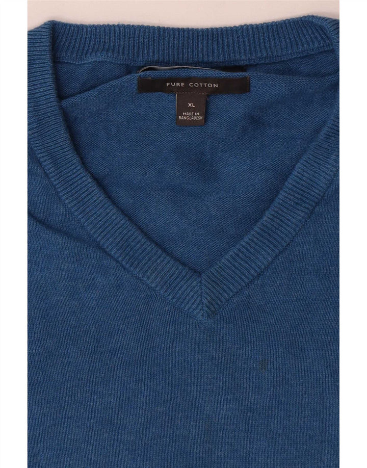 Ανδρικό πουλόβερ Marks & Spencer με V λαιμόκοψη XL Μπλε βαμβακερό