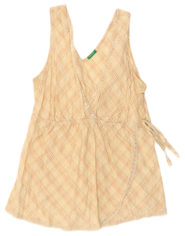 Benetton Γυναικεία Αμάνικη Μπλούζα Τοπ UK 14 Large Beige Check Cotton