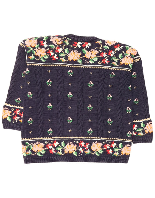 Vintage Γυναικεία Ζακέτα πουλόβερ UK 18 XL Navy Blue Floral Βαμβακερό