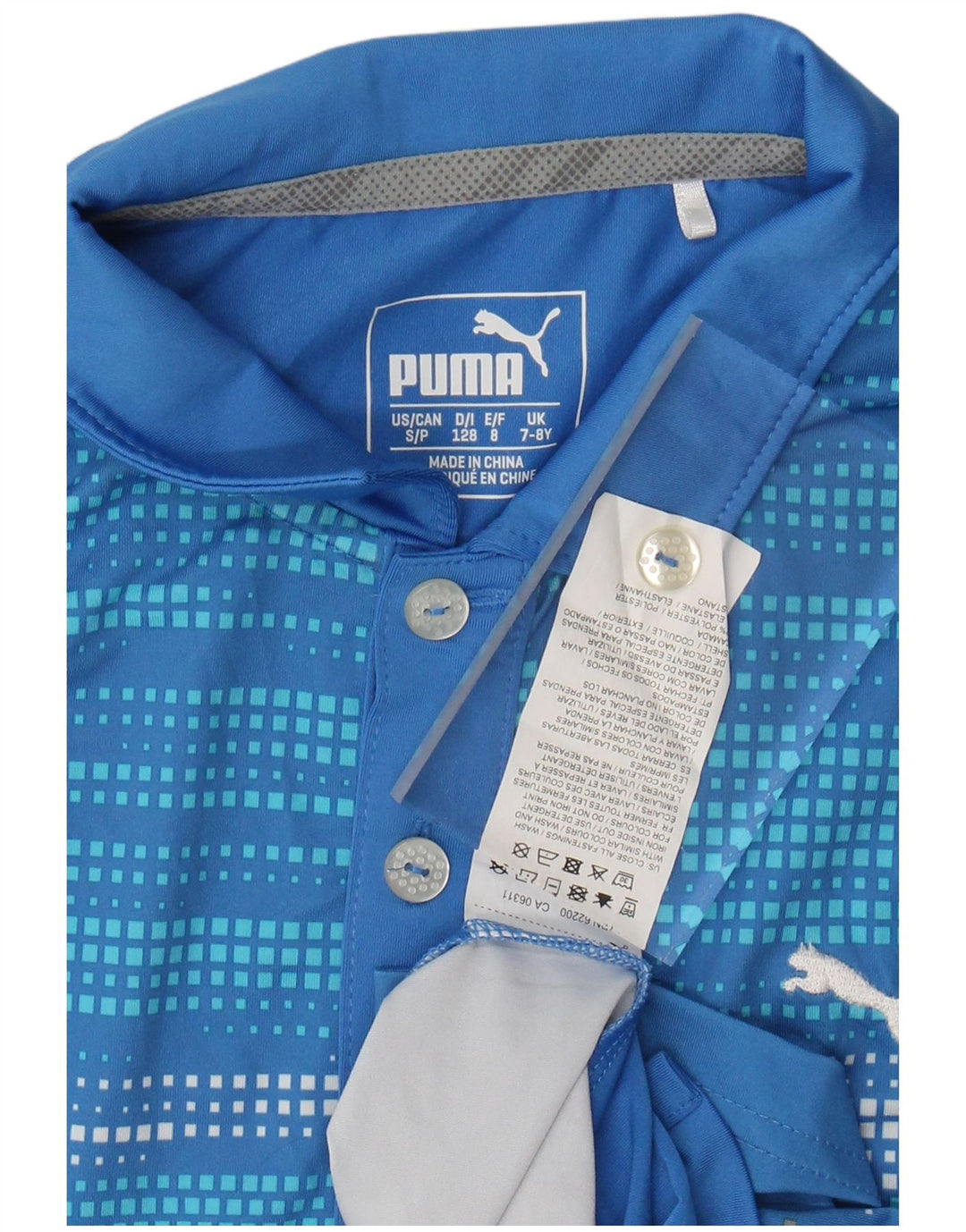 Πουκάμισο πόλο αγοριών PUMA 7-8 ετών Μπλε γεωμετρικός πολυεστέρας