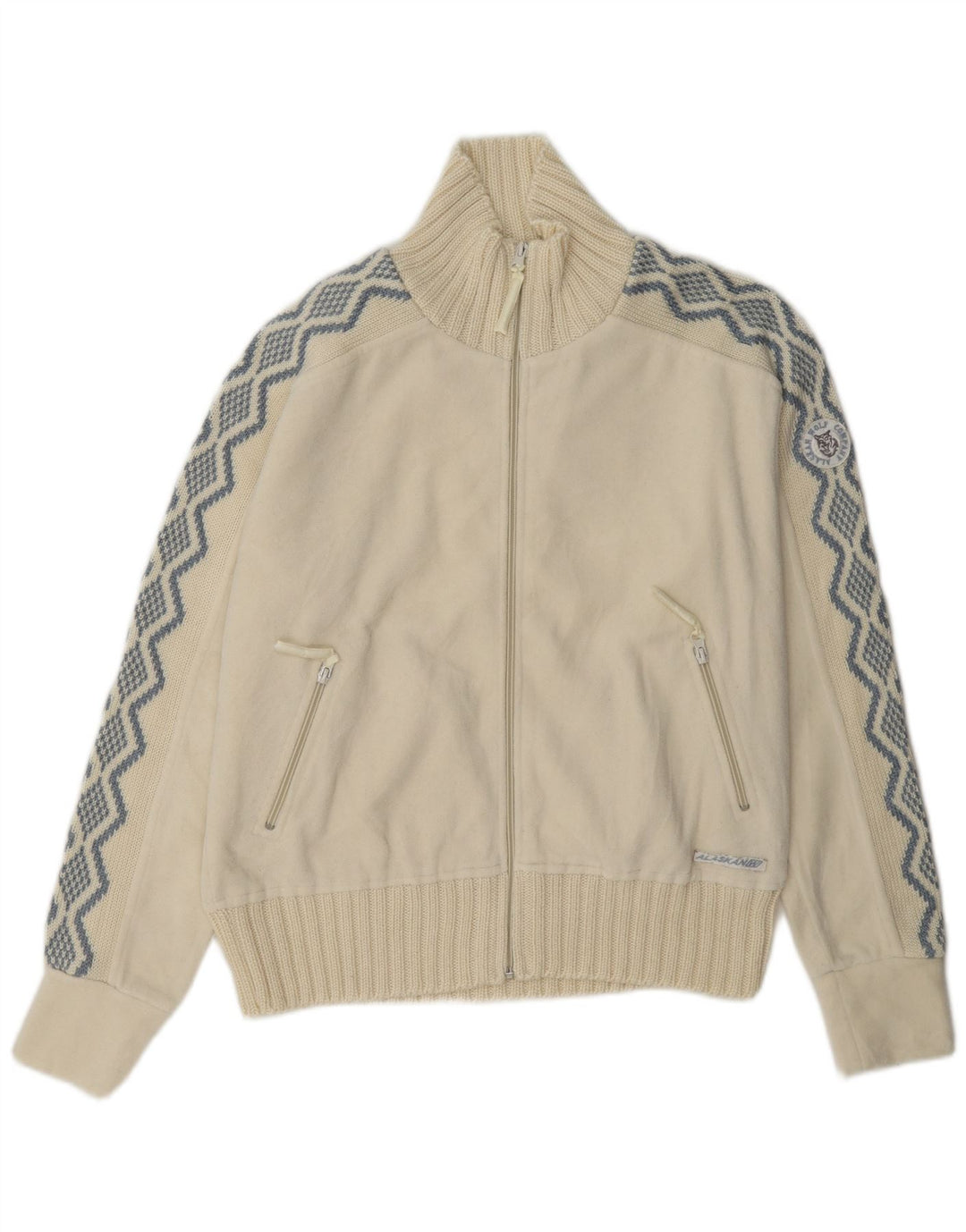 Vintage Γυναικείο Fleece Jacket UK 14 Large Off White Geometric Polyester