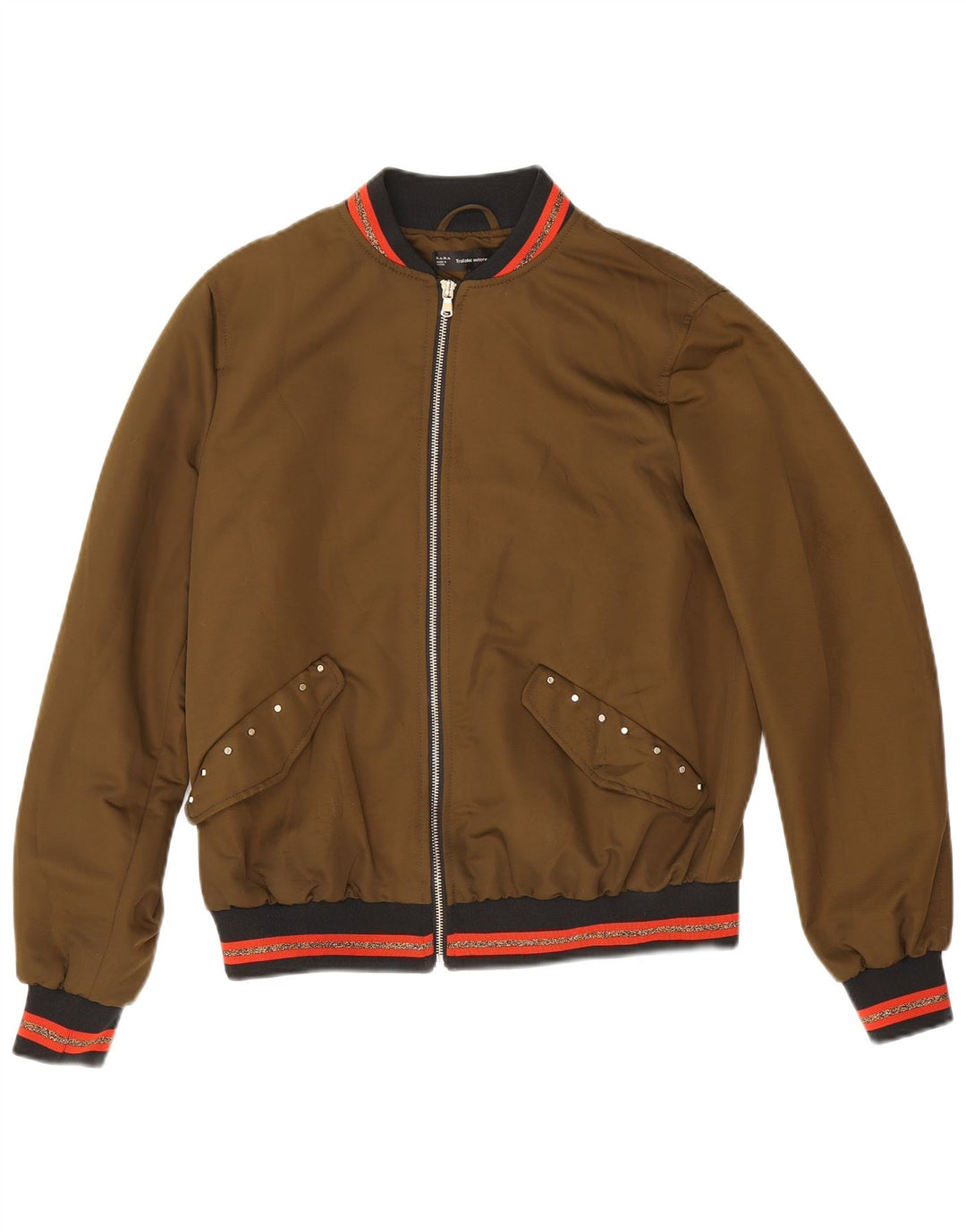 Zara Γυναικείο Graphic Bomber Jacket UK 14 Medium Khaki ριγέ