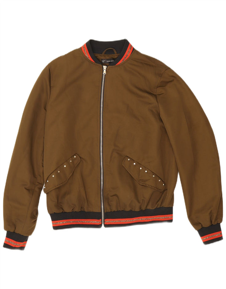Zara Γυναικείο Graphic Bomber Jacket UK 14 Medium Khaki ριγέ