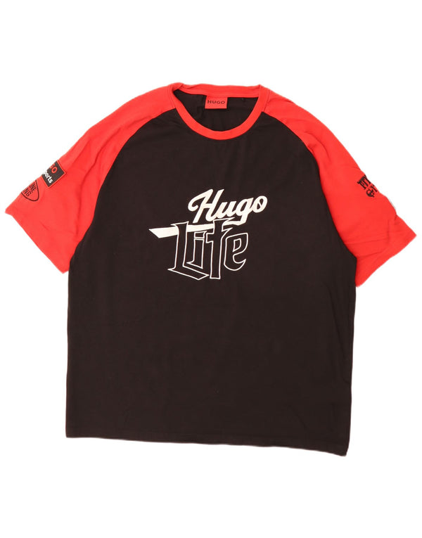 Hugo Boss Mens Graphic T-Shirt Top XL Black Colourblock Cotton
