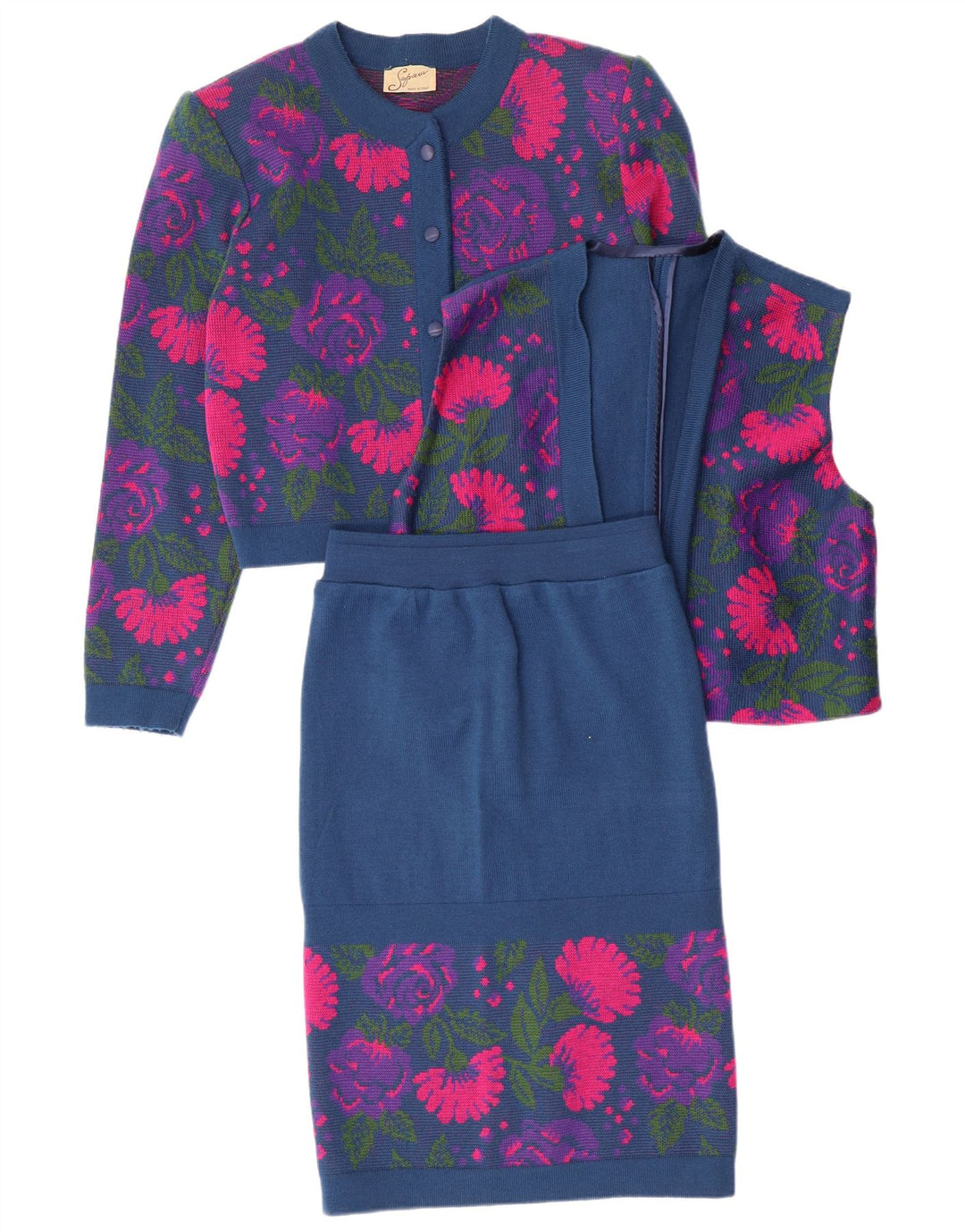 VINTAGE Γυναικείο Σετ 3 τεμαχίων IT 46 Μεγάλο W26 Μπλε Navy Floral Παρθένο μαλλί