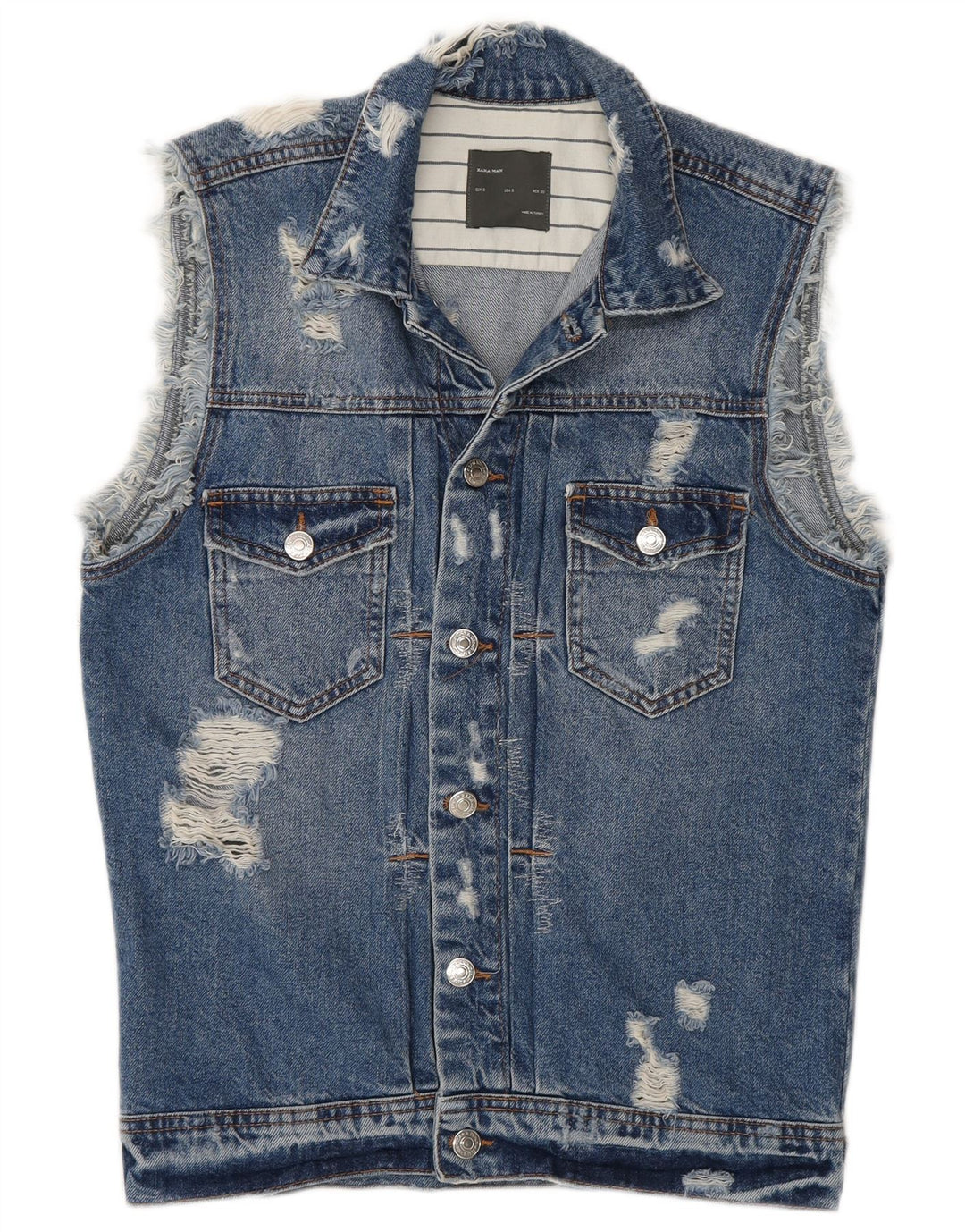 Zara Mens Distressed Denim Gilet UK 36 Small Blue Cotton