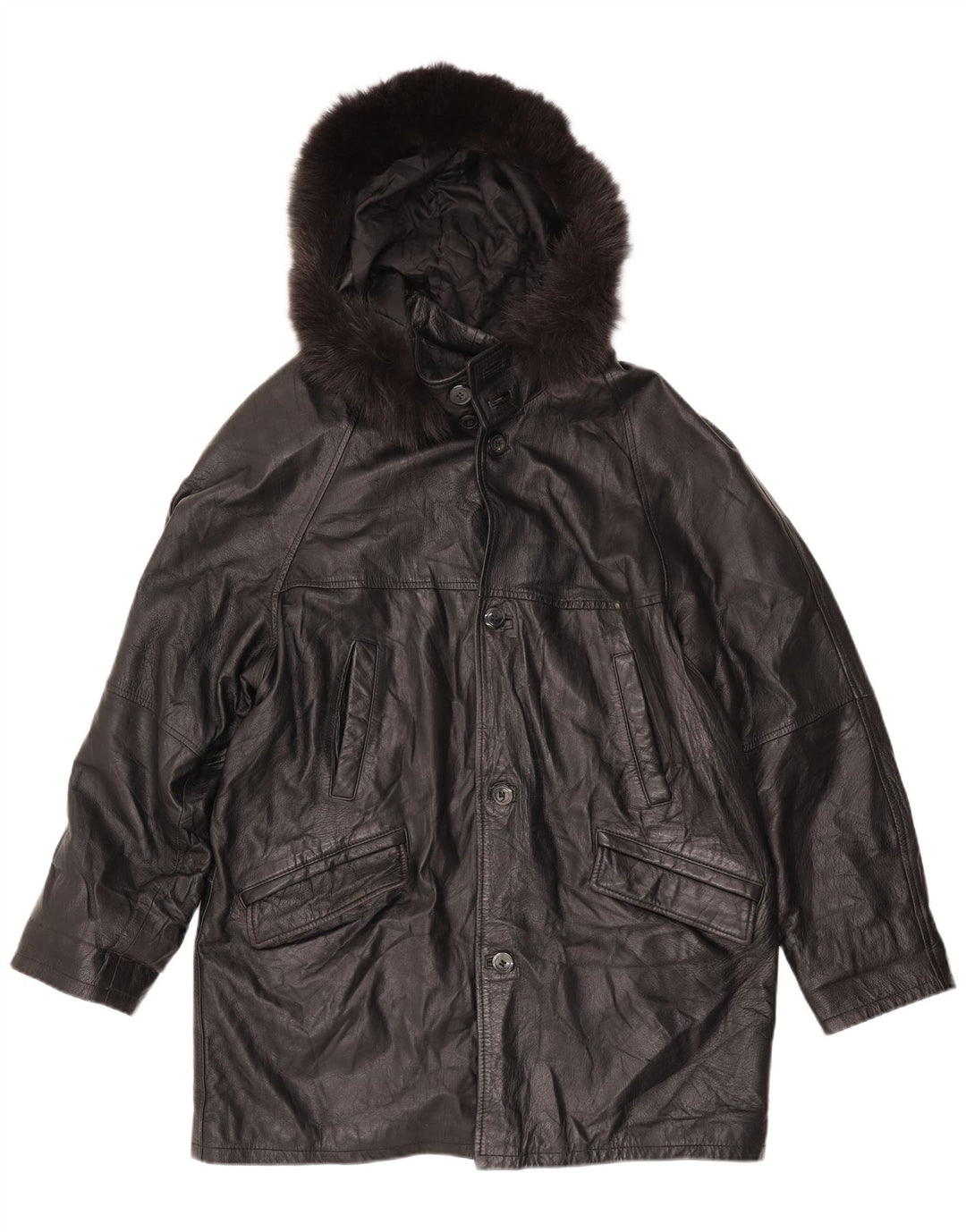 Vintage γυναικείο παλτό με κουκούλα UK 18 XL μαύρο δέρμα