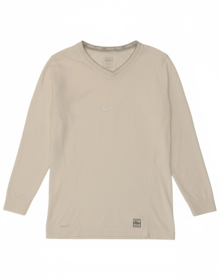 NIKE Womens Top Long Sleeve UK 12/14 Medium Off White Polyester