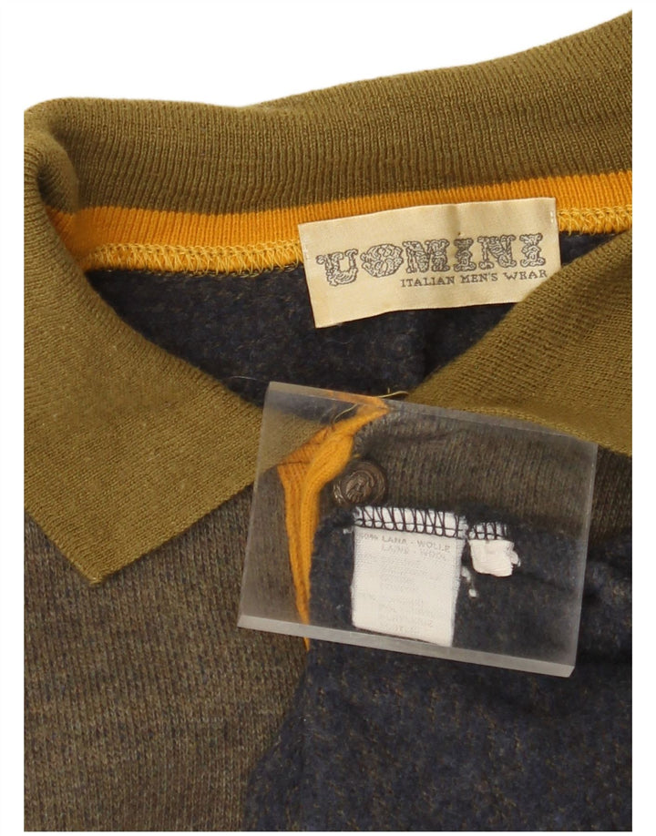 Vintage ανδρικό πουλόβερ με λαιμόκοψη, μαλλί με μεγάλο ριγέ χακί