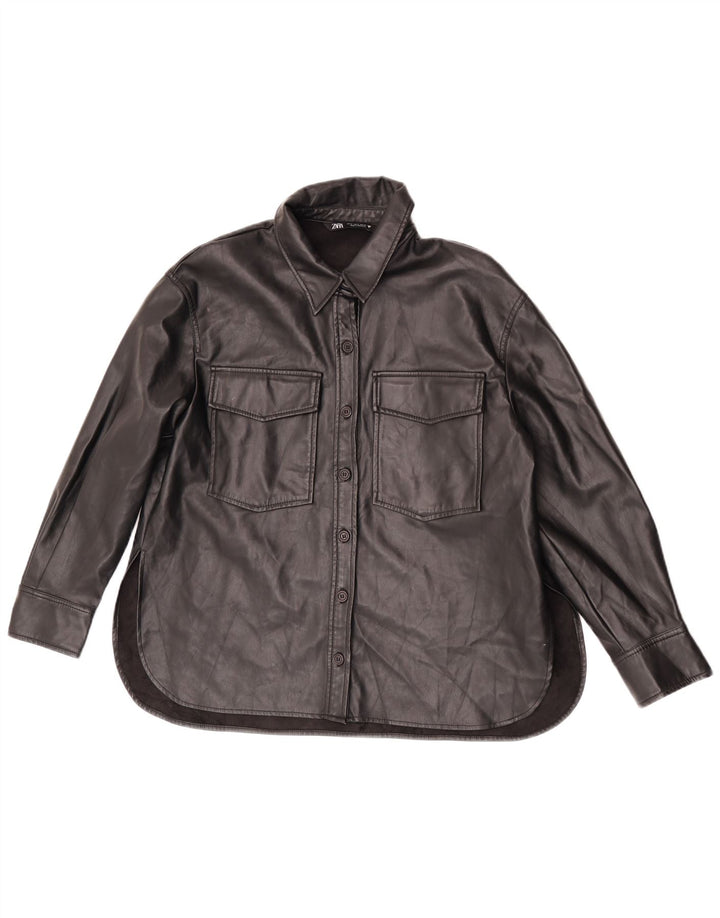 Zara Γυναικείο πουκάμισο από συνθετικό δέρμα UK 14 Medium Μαύρο Πολυεστέρας