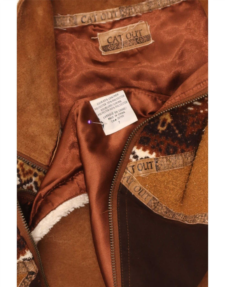 Vintage Γυναικείο Suede Gilet UK 14 Μεσαίο καφέ γεωμετρικό δέρμα