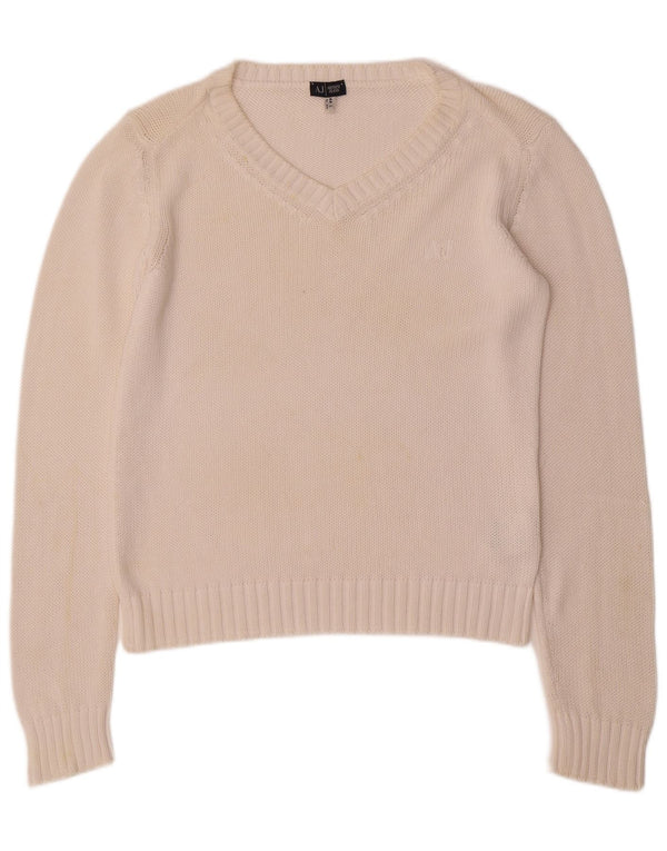 ARMANI JEANS Γυναικείο πουλόβερ με λαιμόκοψη με V λαιμόκοψη UK 16 μεγάλο λευκό βαμβακερό