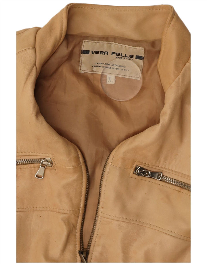 VINTAGE Womens Crop Leather Jacket UK 14 Large Beige Leather