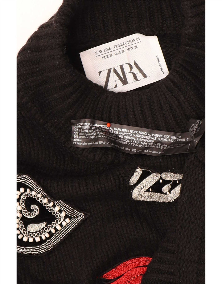 Zara Γυναικείο πουλόβερ με γραφικό λαιμό χελώνας UK 12 Medium Black