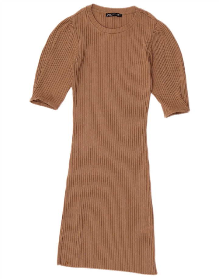 Zara Γυναικείο Φόρεμα Bodycon UK 8 Small Beige Polyester