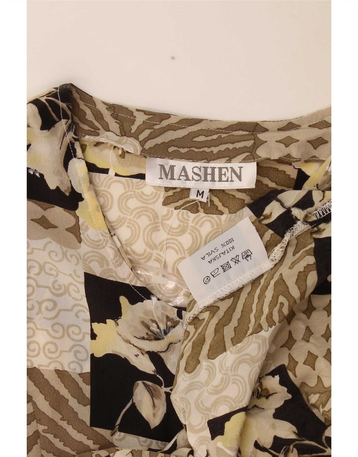 Vintage γυναικείο φόρεμα τσαγιού UK 14 Medium Beige Patchwork Silk