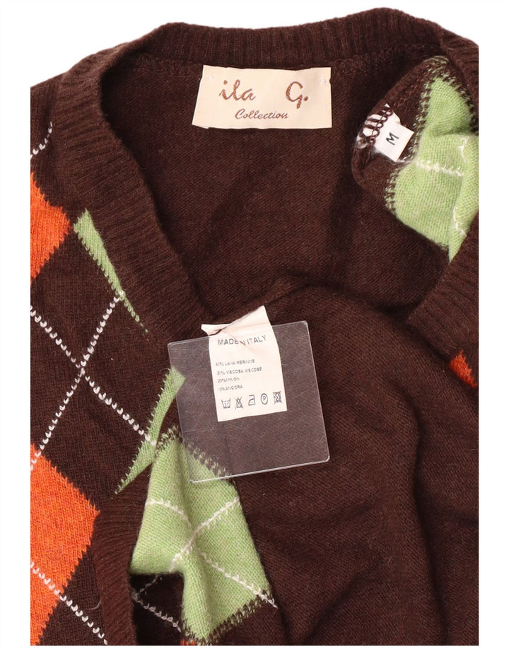 VINTAGE Γυναικείο πουλόβερ με λαιμόκοψη UK 12 μεσαίου καφέ Argyle/Diamond