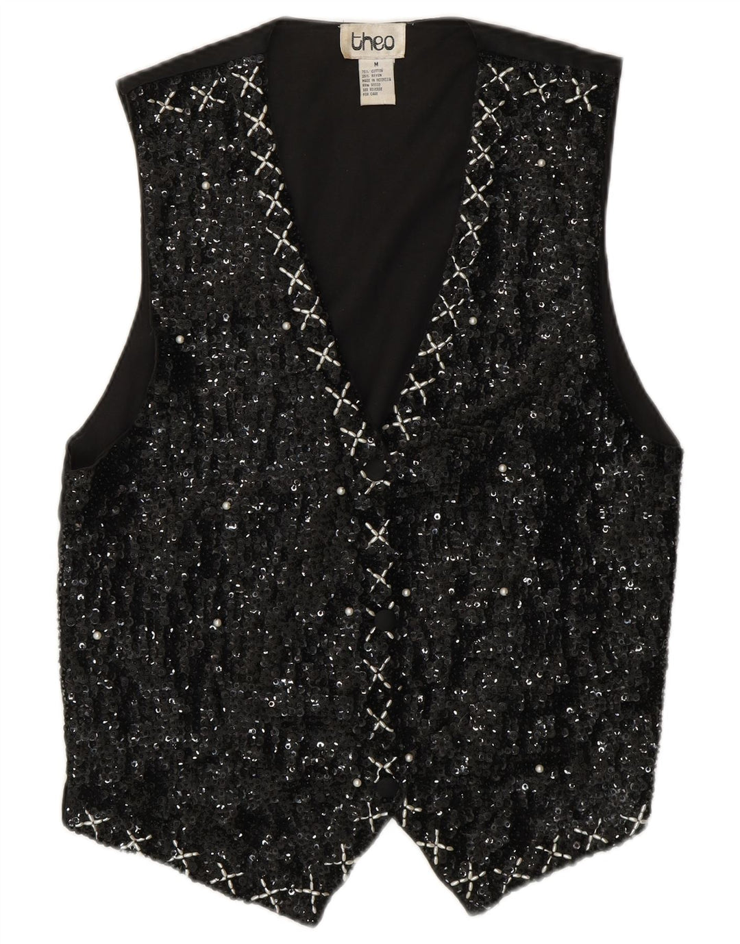 Γυναικείο γιλέκο με παγιέτα VINTAGE UK 14 μεσαίο μαύρο βαμβακερό 80s