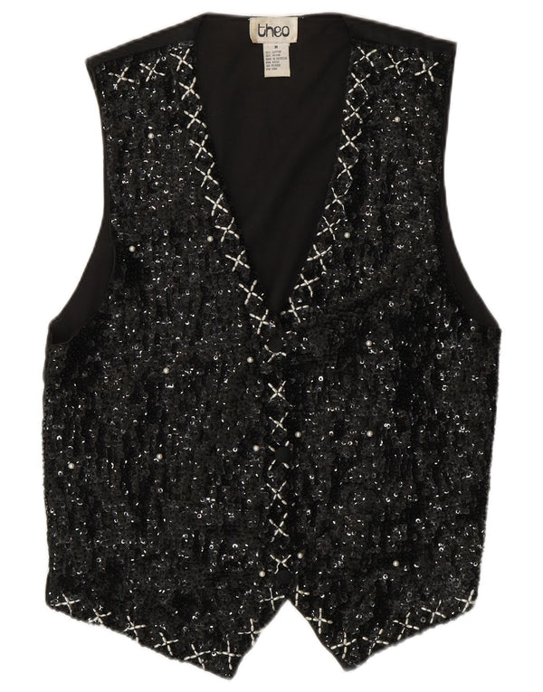 Γυναικείο γιλέκο με παγιέτα VINTAGE UK 14 μεσαίο μαύρο βαμβακερό 80s