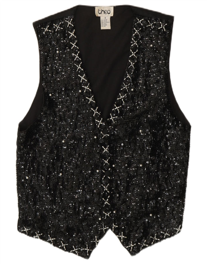 Γυναικείο γιλέκο με παγιέτα VINTAGE UK 14 μεσαίο μαύρο βαμβακερό 80s