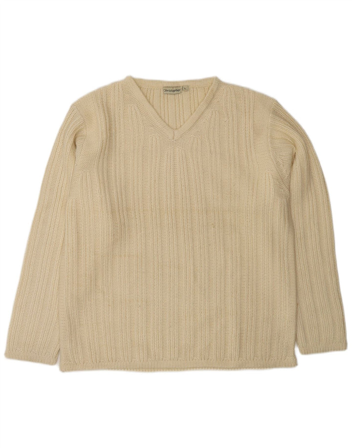 Ανδρικό πουλόβερ με λαιμόκοψη Vintage, μεγάλο σε λευκό μάλλινο