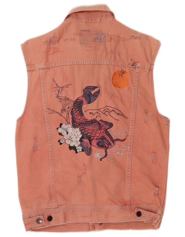 Guess Womens Graphic Denim Gilet UK 14 Medium Pink Cotton