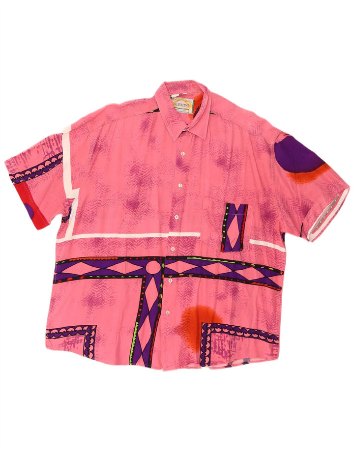 Vintage Ανδρικό κοντομάνικο πουκάμισο μεγάλο ροζ γεωμετρική βισκόζη