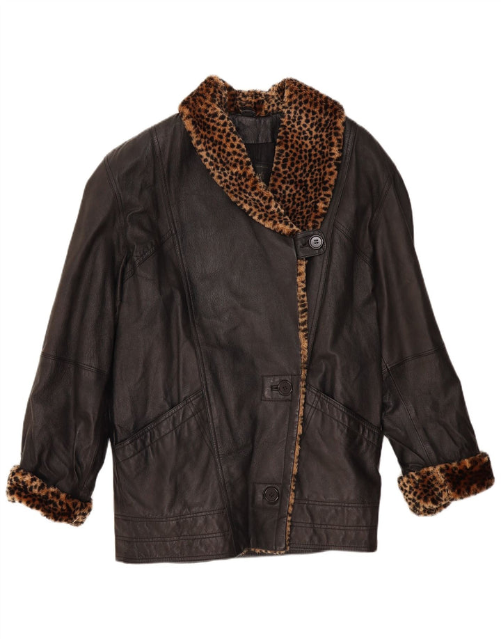 VINTAGE Γυναικείο δερμάτινο παλτό UK 10 Small Black Animal Print