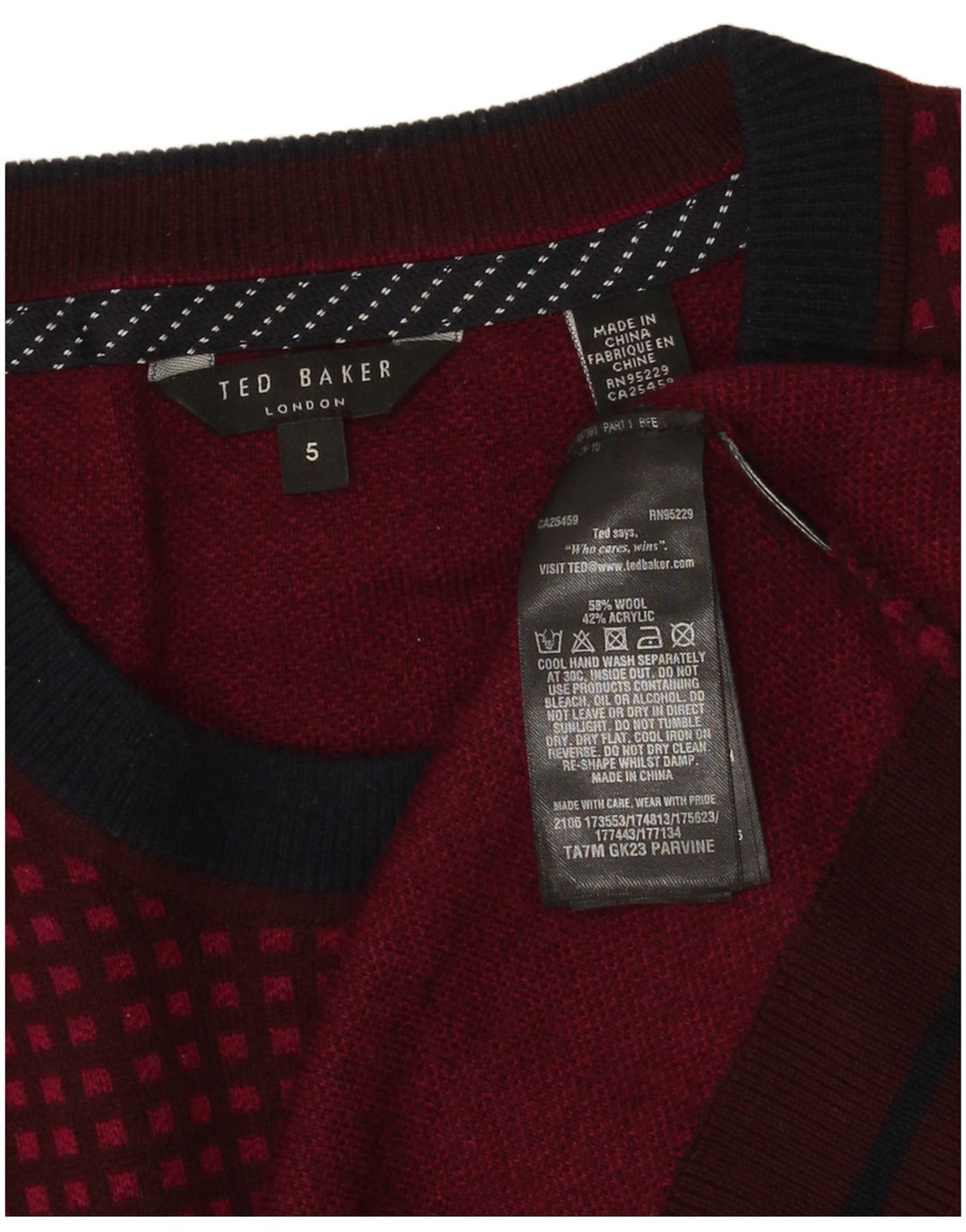 Ανδρικό πουλόβερ με λαιμόκοψη Ted Baker, μέγεθος 5 XL, μπορντό μαλλί