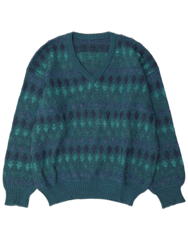 Vintage ανδρικό πουλόβερ με λαιμόκοψη IT 54 XL Blue Fair Isle Wool