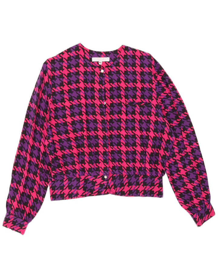 Vintage γυναικείο πουκάμισο oversized μπλούζα IT 46 μεγάλο ροζ Houndstooth μετάξι