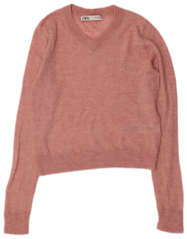 Γυναικείο πουλόβερ ZARA Crop με V λαιμόκοψη UK 12 Medium Pink Nylon