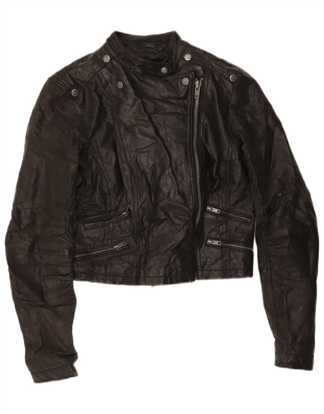 LAURA SCOTT Womens Oversized Crop Biker Jacket EU 34 XS Black Leather